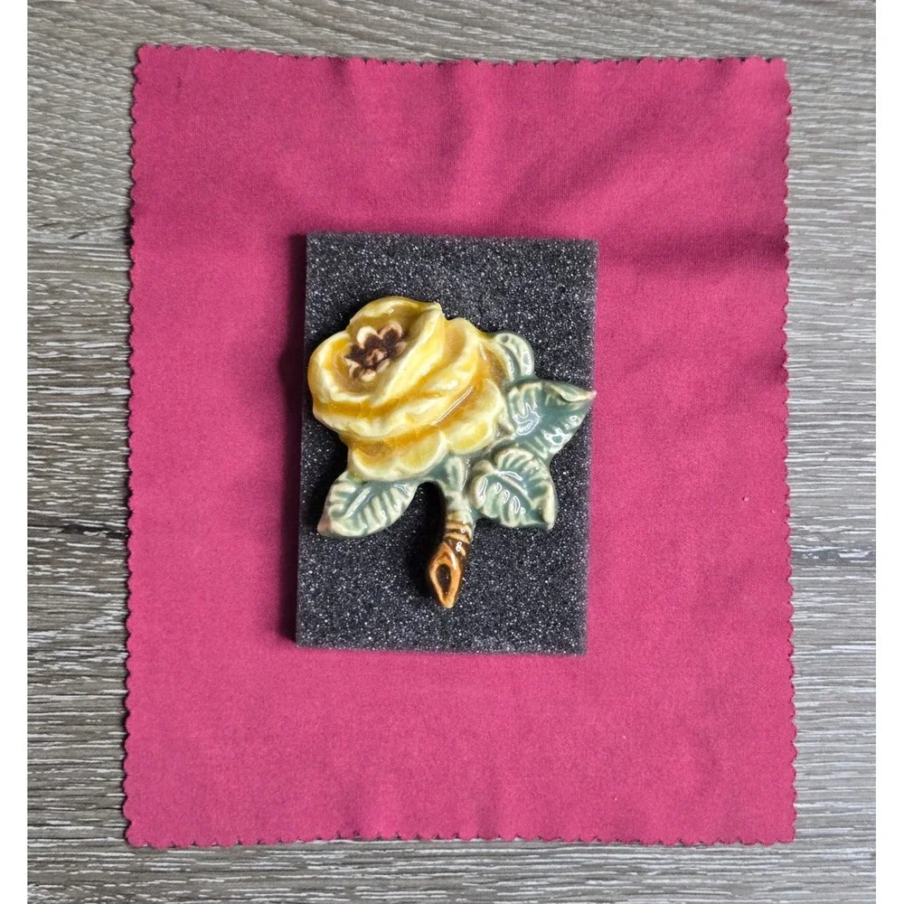 Vintage Yellow Rose Floral Brooch Pin Glazed Ceramic Porcelain Green Leaves 2.5